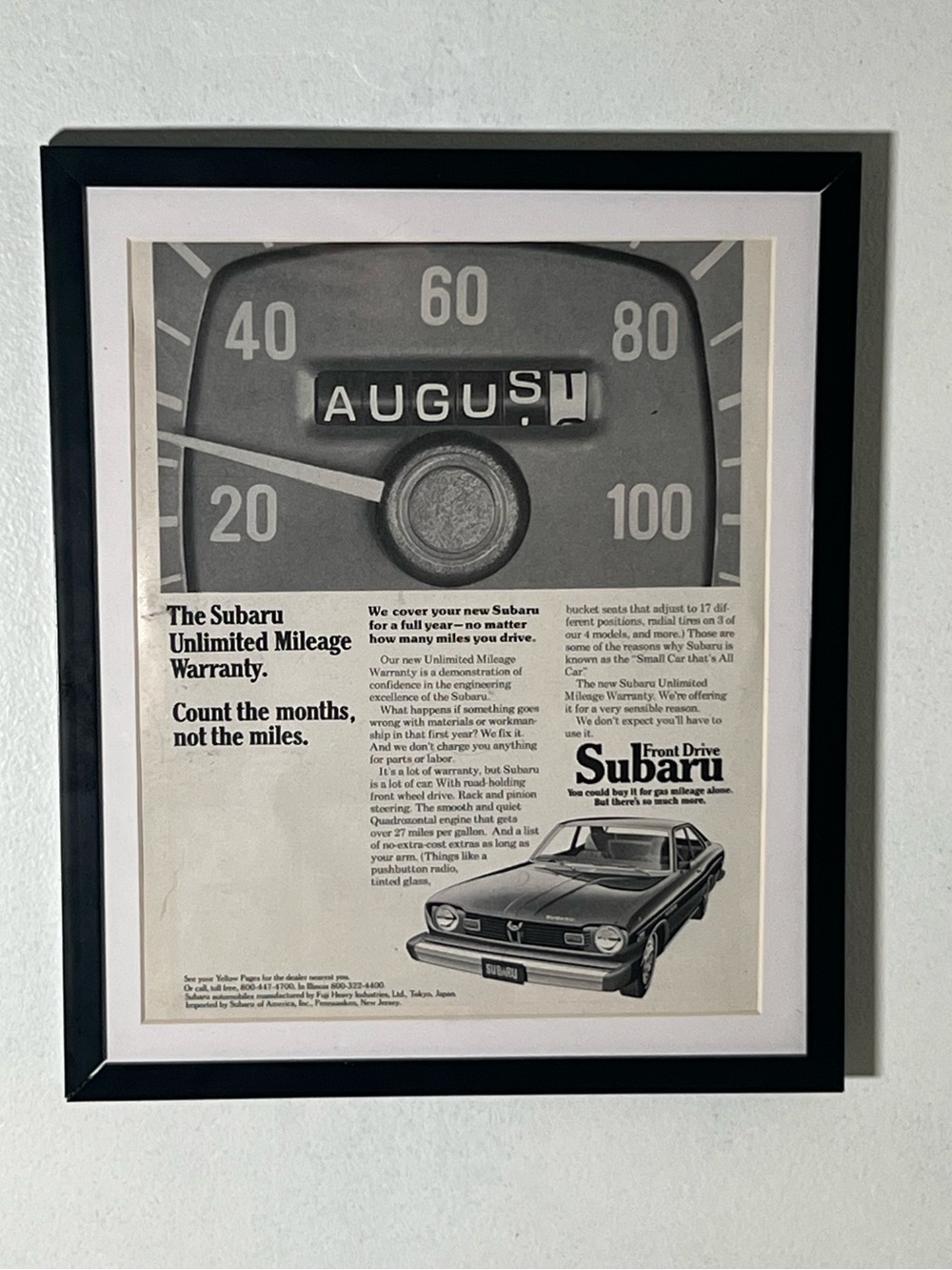 Vintage Subaru Advertisement Framed Art Ad Home Decor Automobile Memorabilia